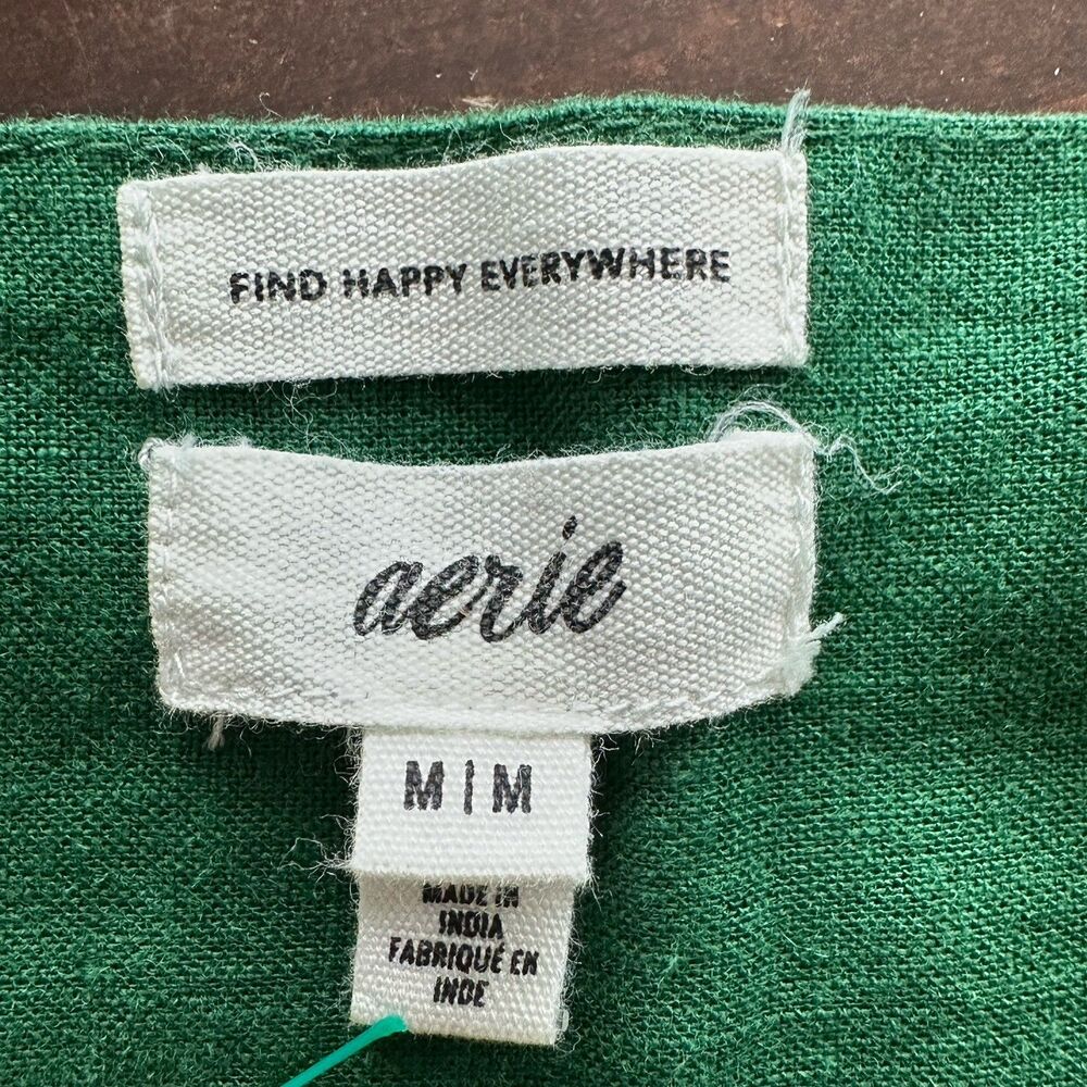 Aerie Emerald Mini Dress Sz M Green Linen Flutter Mini Babydoll Cottagecore - Picture 4 of 7